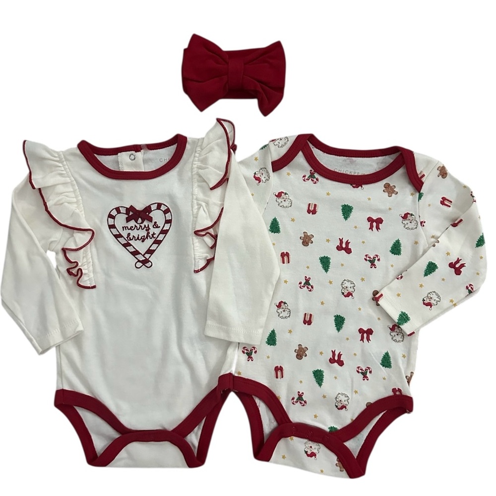 Chickpea Set Of 2 Christmas Bodysuits With Red Bow Headband Size 6/9 Months NWT